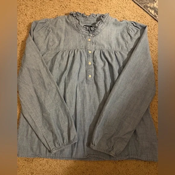 J.CREW Chambray Ruffle Neck Button Down Long Sleeve Top Women's L - Picture 1 of 4